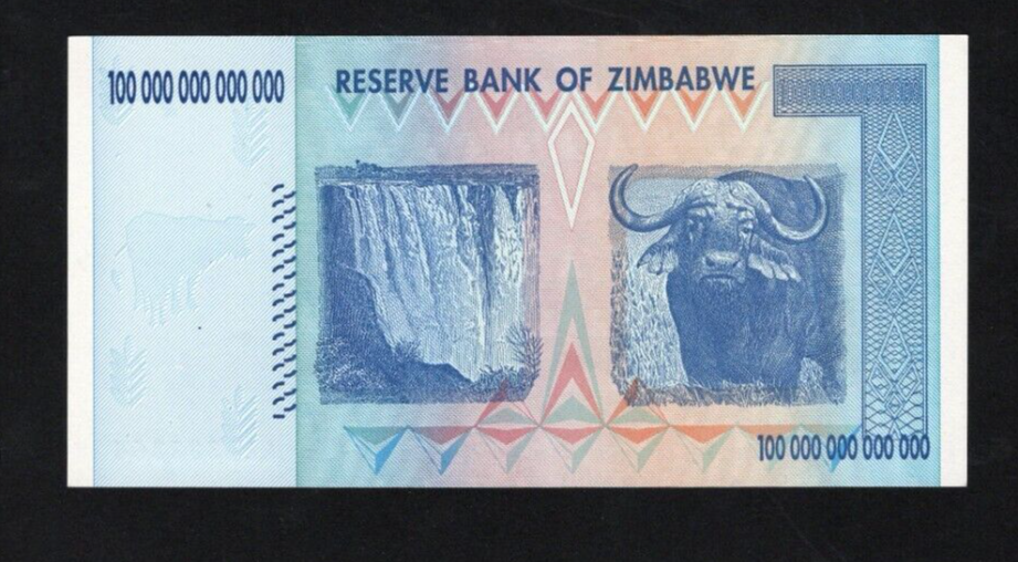 Zimbabwe 100 Trillion Dollar banknote. Genuine, AUNC AA Serial Number UV checked - worldbanknote