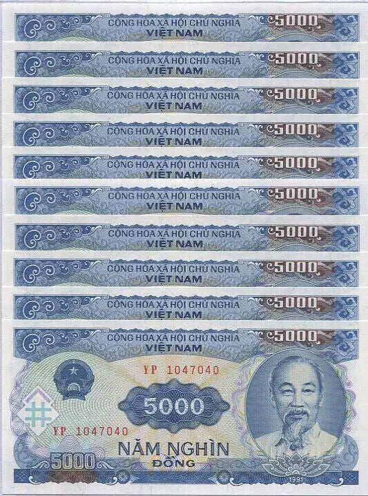 10xVietnamese Dong 5K 5000 Banknote 1991 Vietnam VND Uncirculated UNC