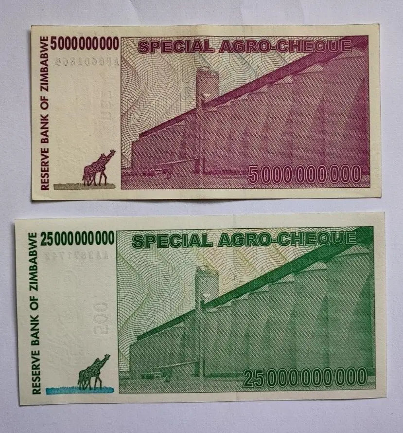 Set of 4 Zimbabwe 5 to 100 Billion Dollars Special Agro-Cheque Notea  AUNC