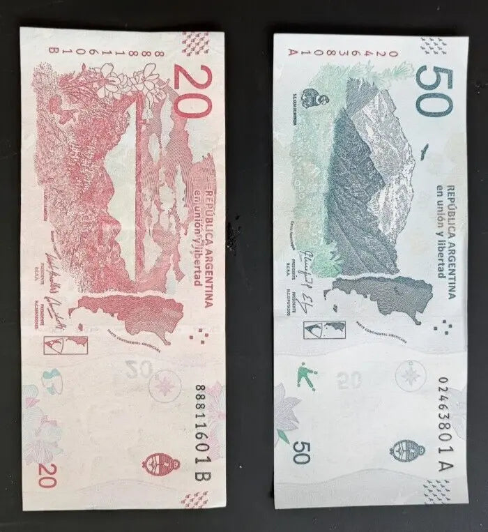 Argentina 20 pesos P361 (2017) 50 pesos P363  (2018) UNC