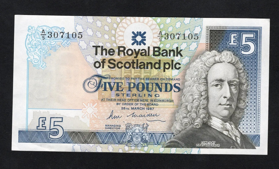 A collection of six British five pound banknotes from various banks including Bank of England and Bank of Scotland, ranging from 1967 to 2002.
