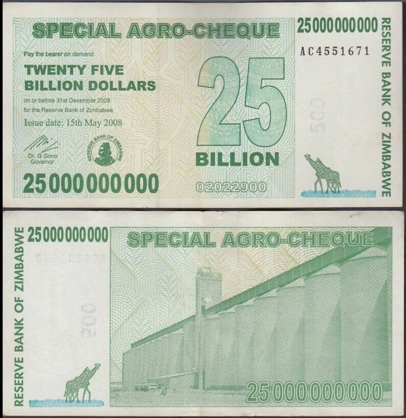 10xZimbabwe 25 Billion Dollars 2008. Good Used Condition - worldbanknote
