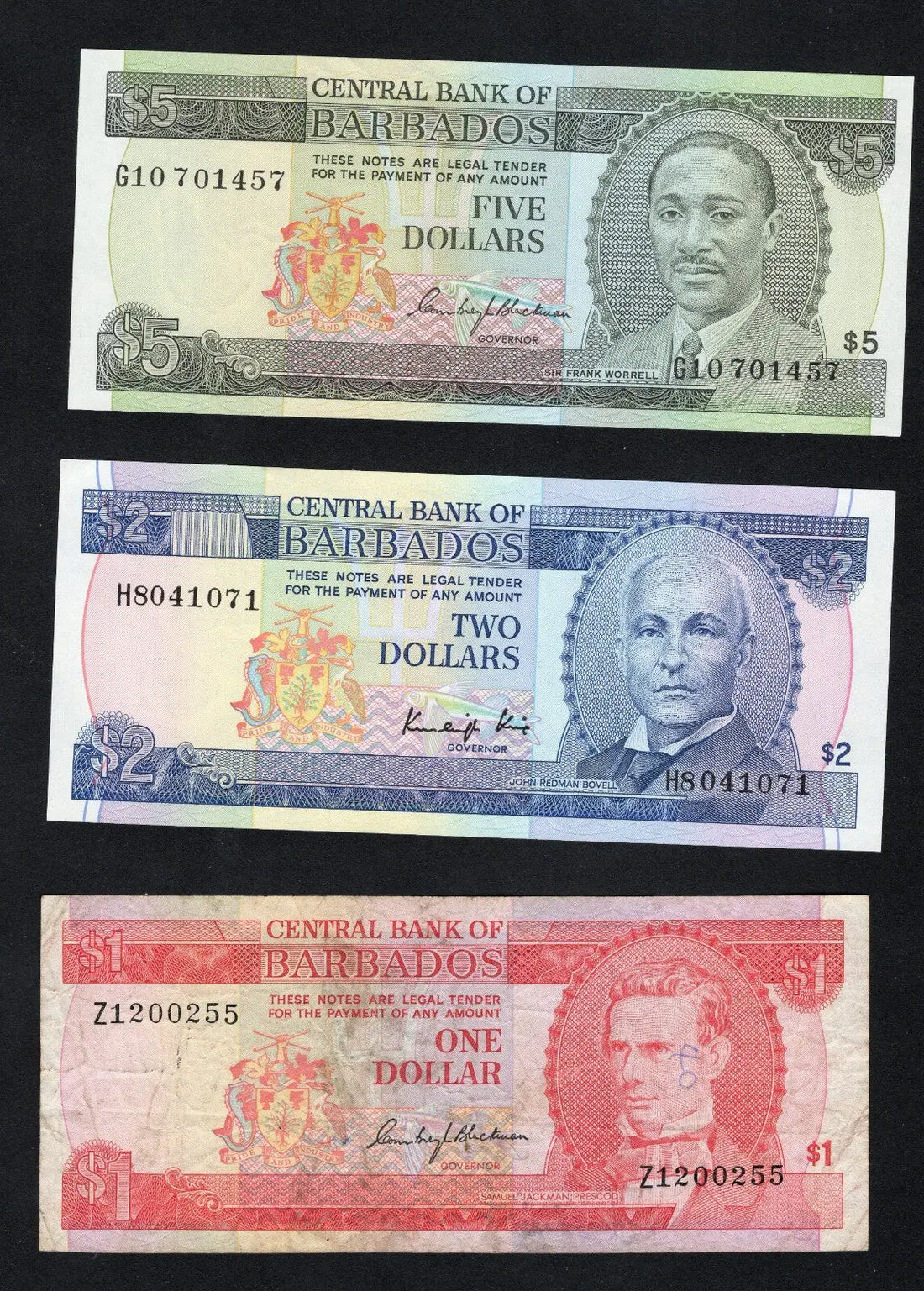 A set of five circulated Barbados banknotes in various colors ($1, $2, $5, $10, and $20) displayed together.