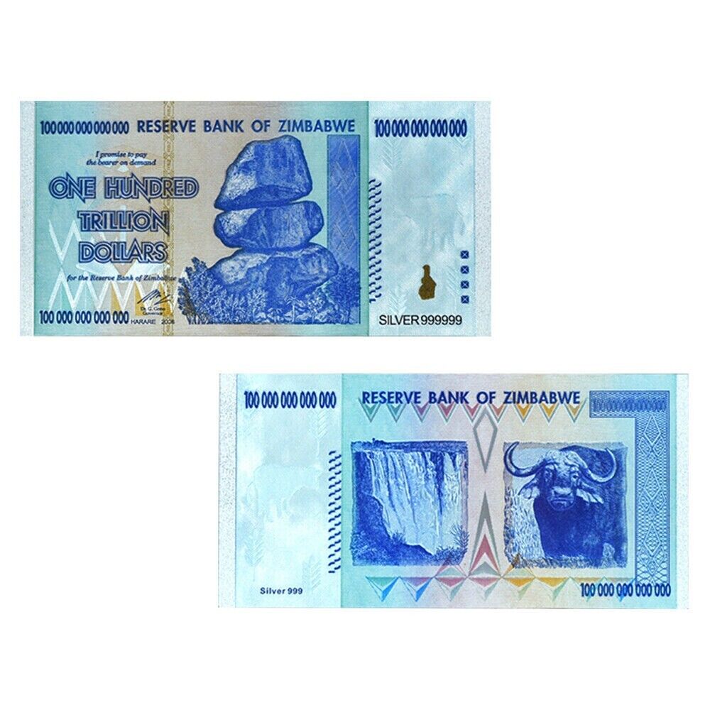10xZimbabwe 100 Trillion Silver Foil Banknote Coloured Novelty Note - worldbanknote