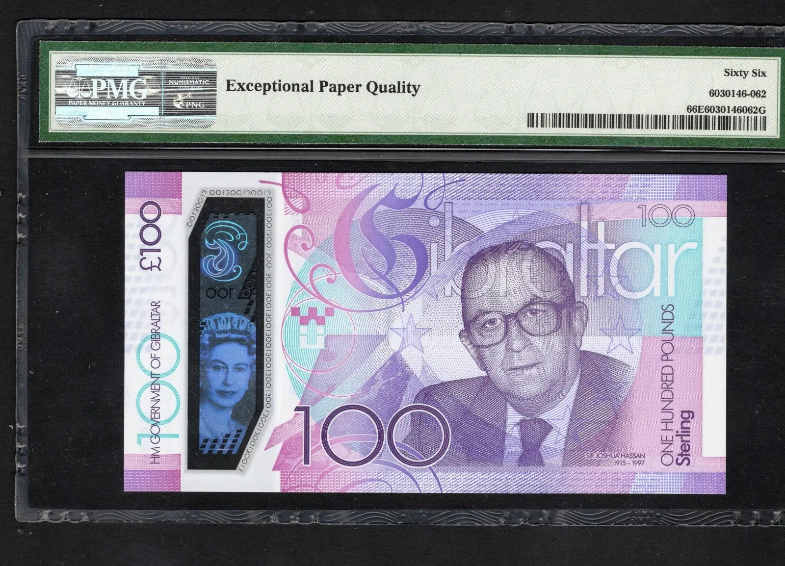 back of GIBRALTAR  100 POUNDS 2015 PMG 66 EPQ LOW SERIAL NUMBER