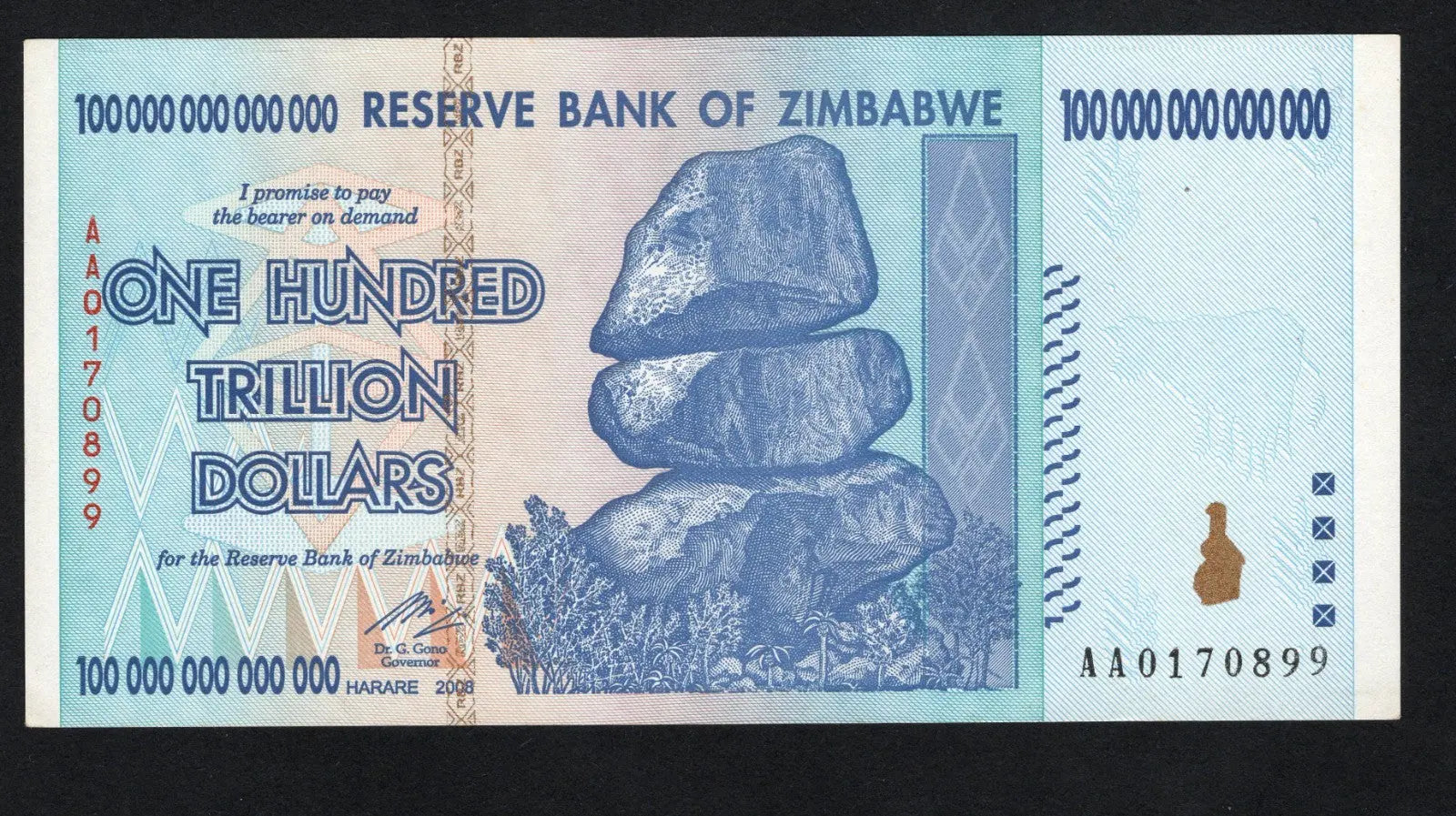 Zimbabwe 100 Trillion Dollar banknote. Genuine, AUNC AA Serial Number UV checked