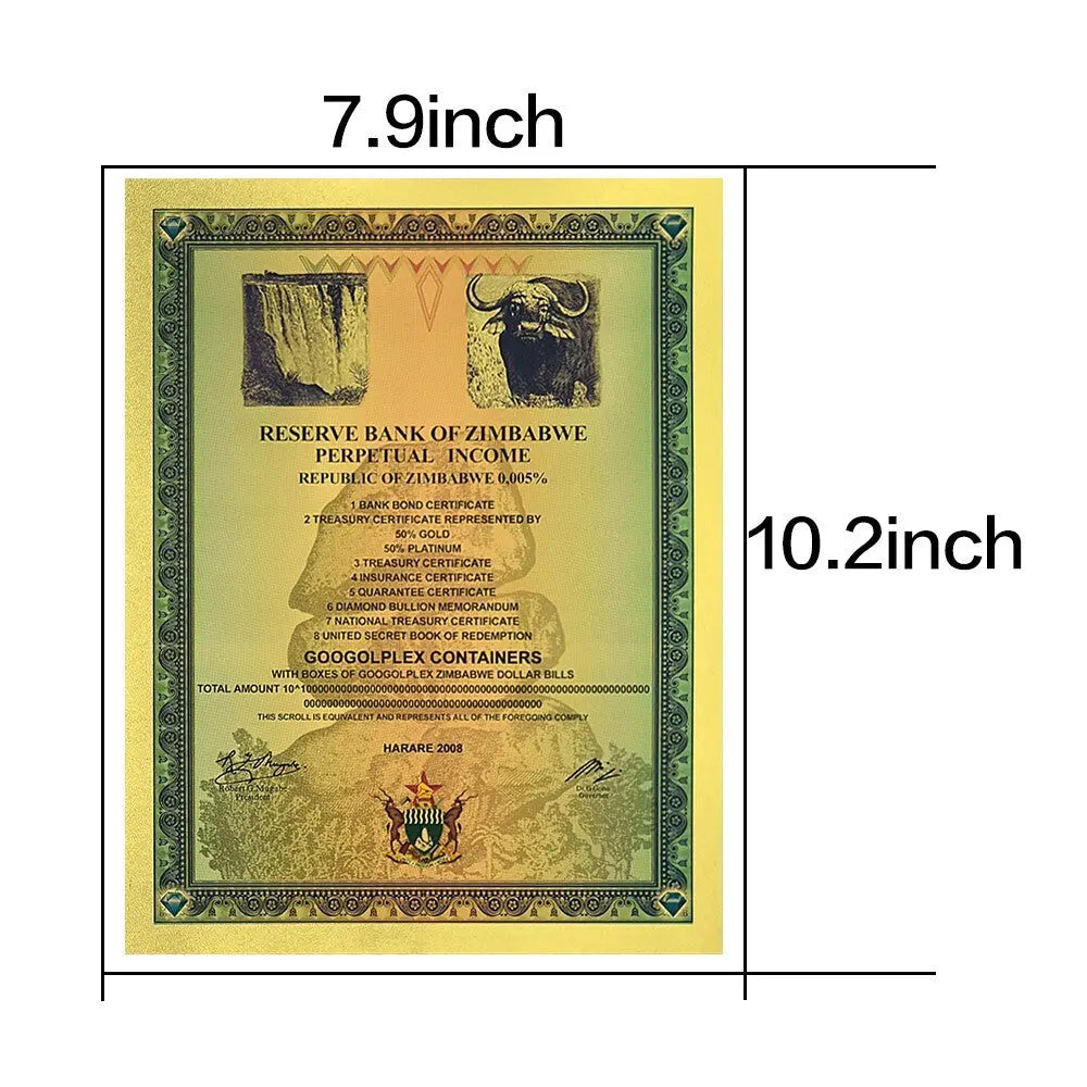 Googolplex Containers Gold Foil Banknote Zimbabwe Large Certificate Collectibles