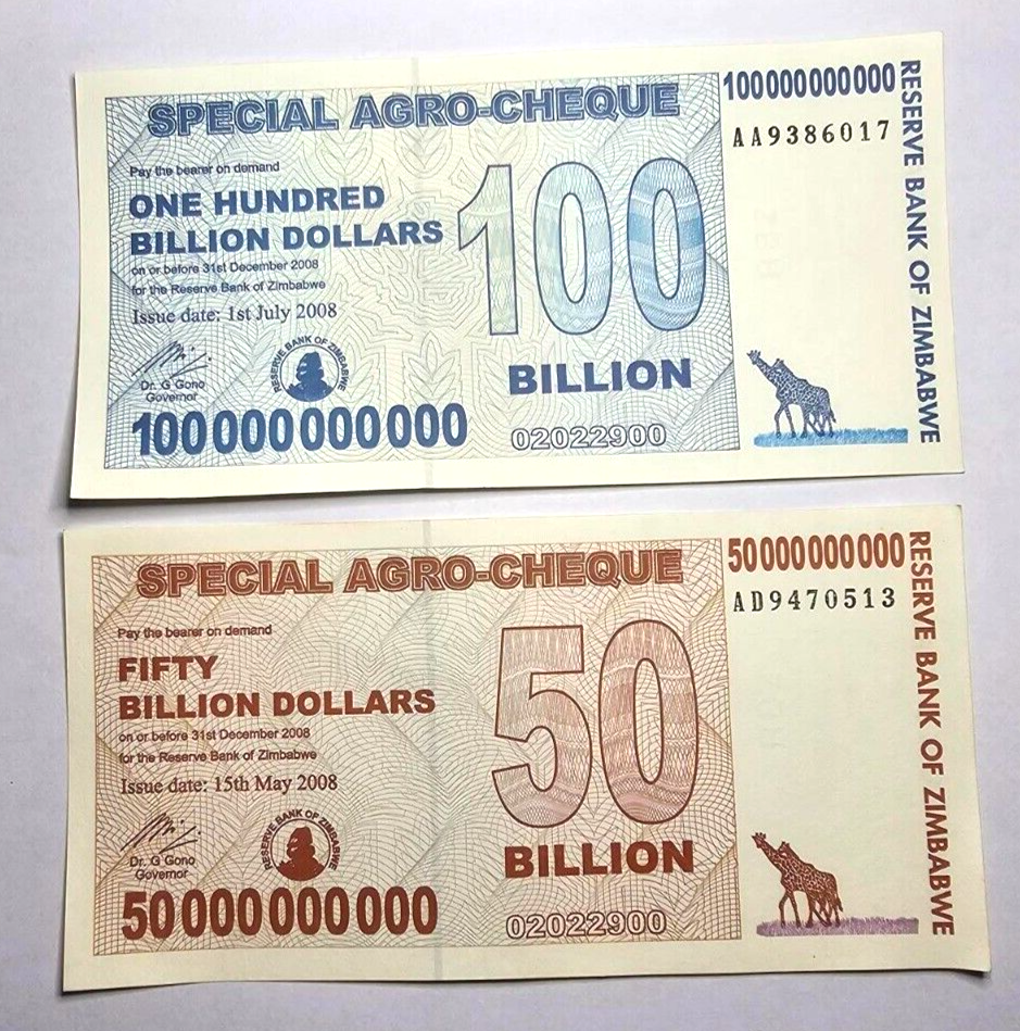 Set Of 2 Notes Zimbabwe 50/100 Billion Dollars Special Agro-Cheque 2008 VF/EF - worldbanknote