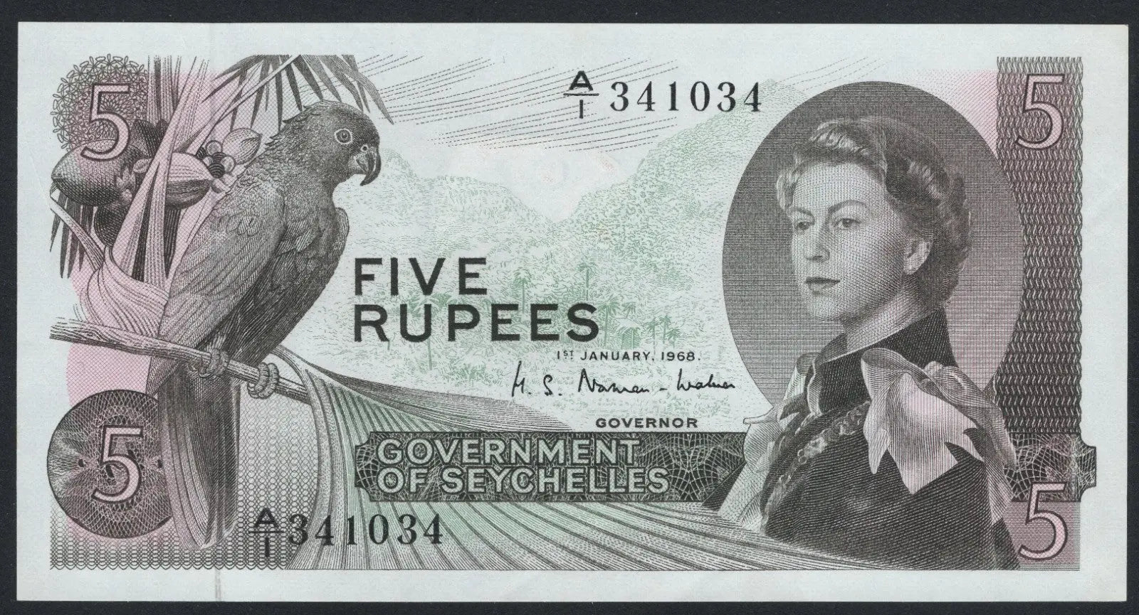 Front Seychelles 5 Rupees Banknote 1968 AUNC