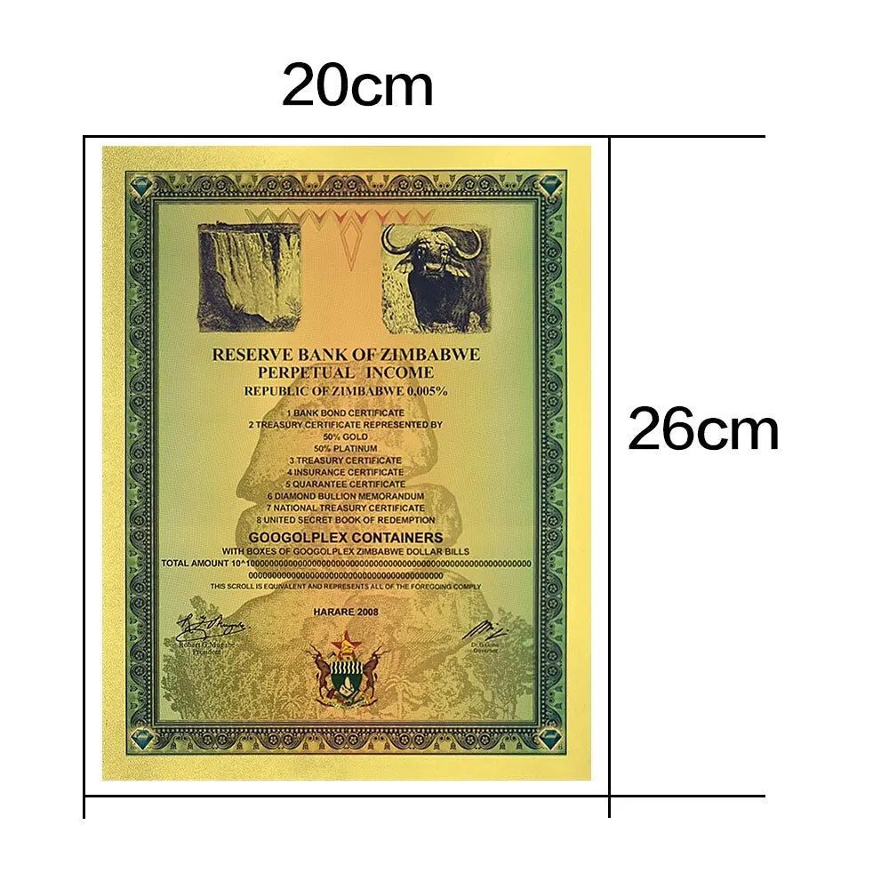Googolplex Containers Gold Foil Banknote Zimbabwe Large Certificate Collectibles