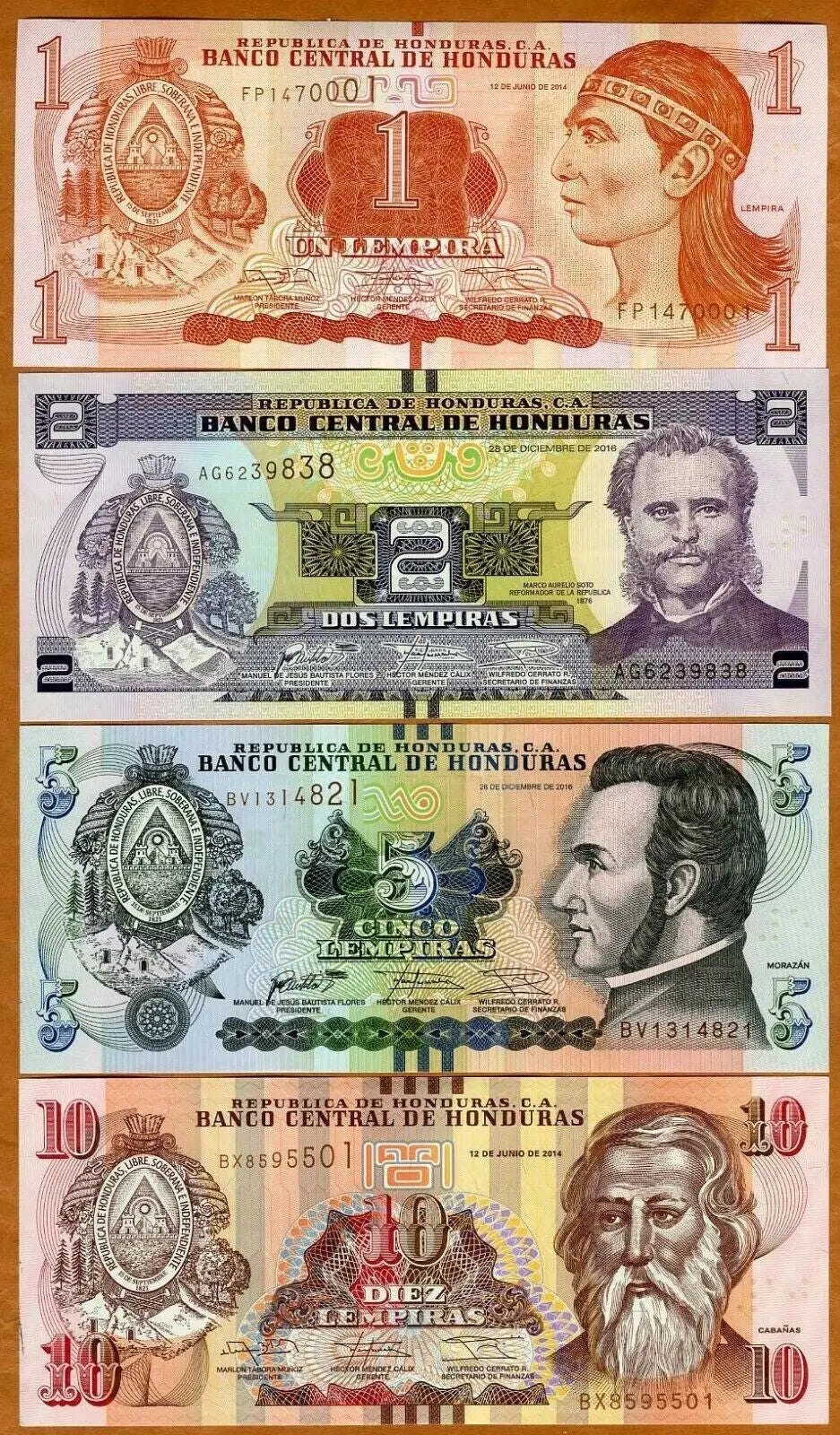 Honduras Set 4 PCS, Honduras 1, 2, 5, 10 Lempi 1, 2, 5, 10 Lempira, P96-99, UNC