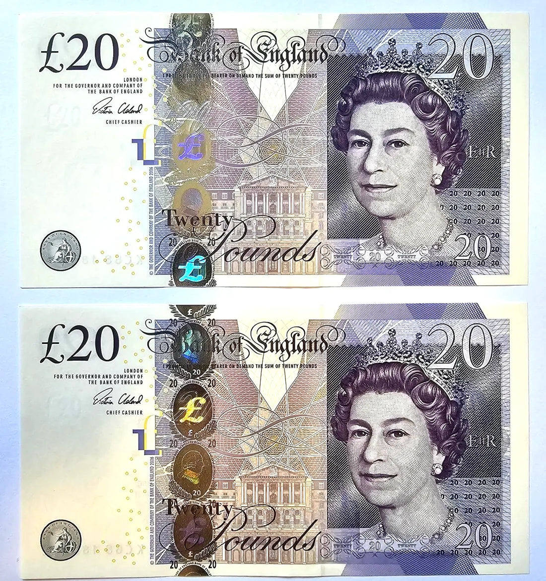 front of 2xBANK OF ENGLAND £20  AUNC/ D15