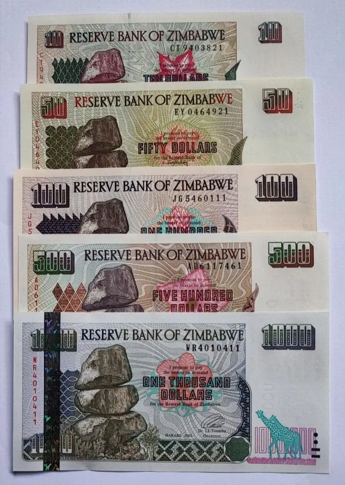 ZIMBABWE SET 5 Pcs 10,50,100,500 & 1000 Dollars 1994-1997/ref d8
