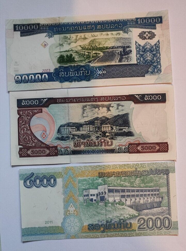 Laos 5 Set 3, 5000, 10000 and 20000 Kip, 2003 to 2011, UNC, P NEW - worldbanknote