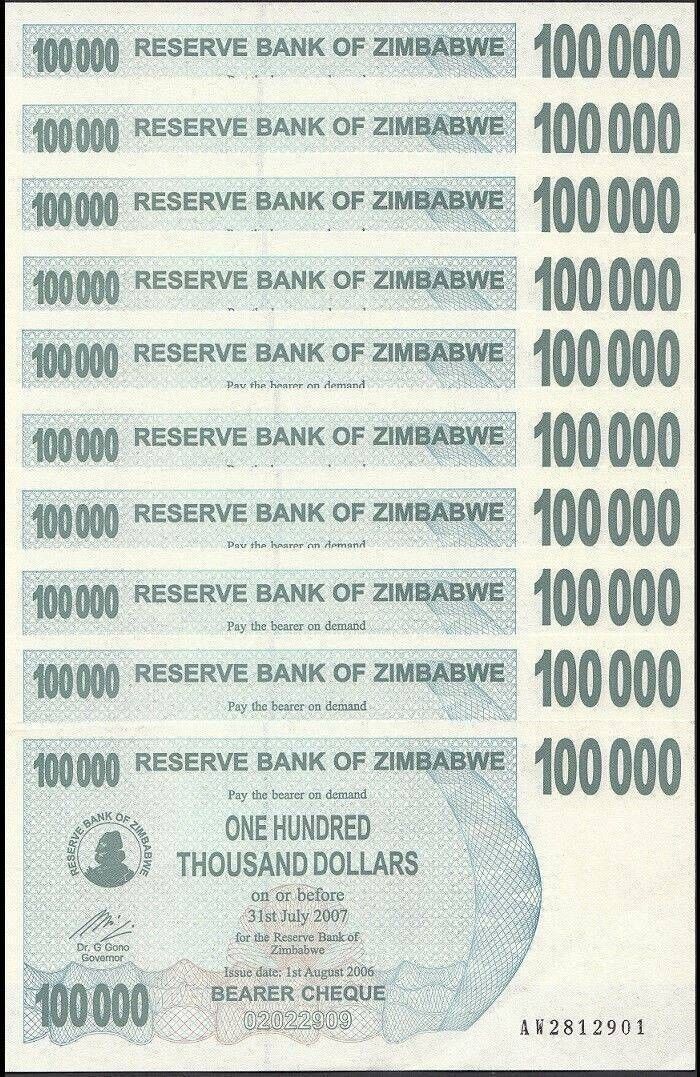 Zimbabwe 100000 Dollars 2006 2007, UNC, 10 Pcs LOT, Consecutive, P-48b - worldbanknote