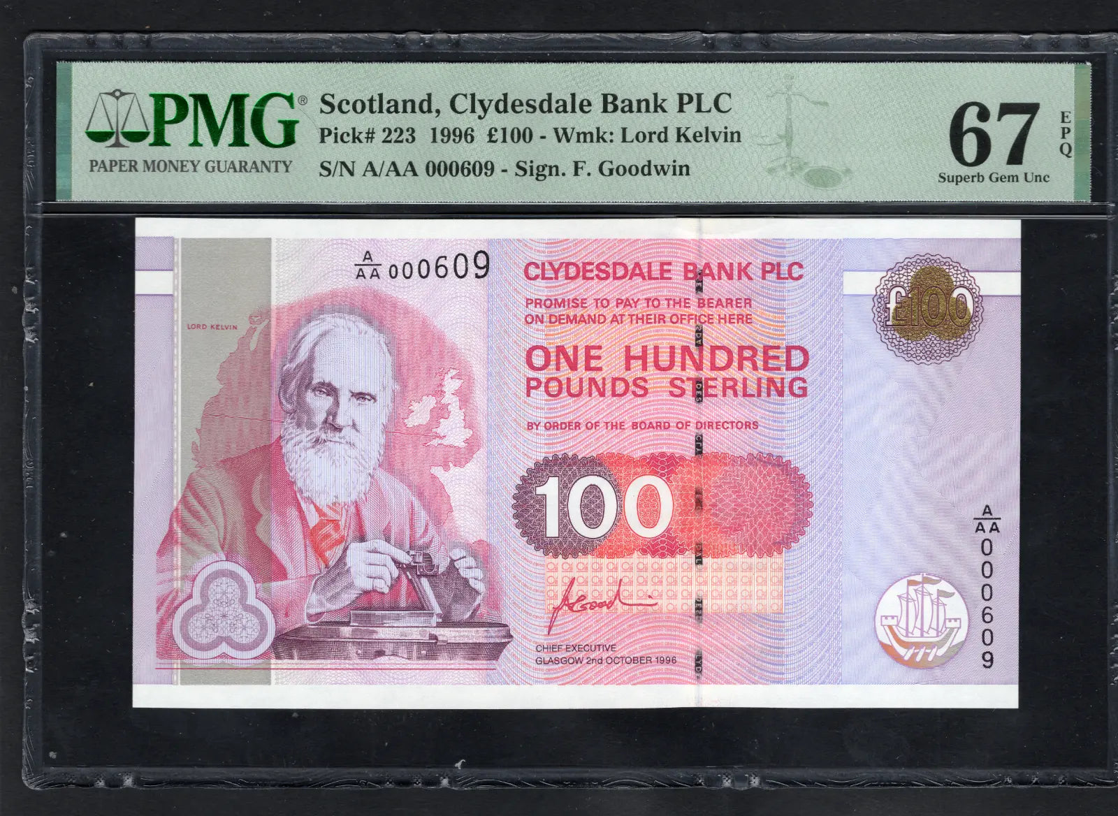 front of Scotland 1996  100 Pounds P223 Clydesdale Bank  PMG 67 EPQ Super Gem UNC Low Se.