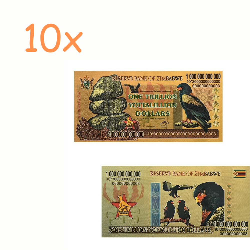 10xZimbabwe 1 Trillion Yottalillion Dollars Gold Foil Banknote Reserve Bank - worldbanknote