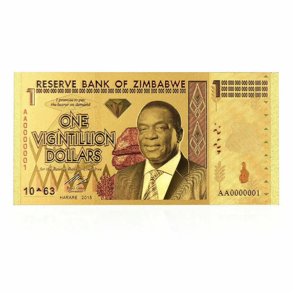 Zimbabwe One Vigintillion Dollars Banknote 24 Carat Gold Leaf