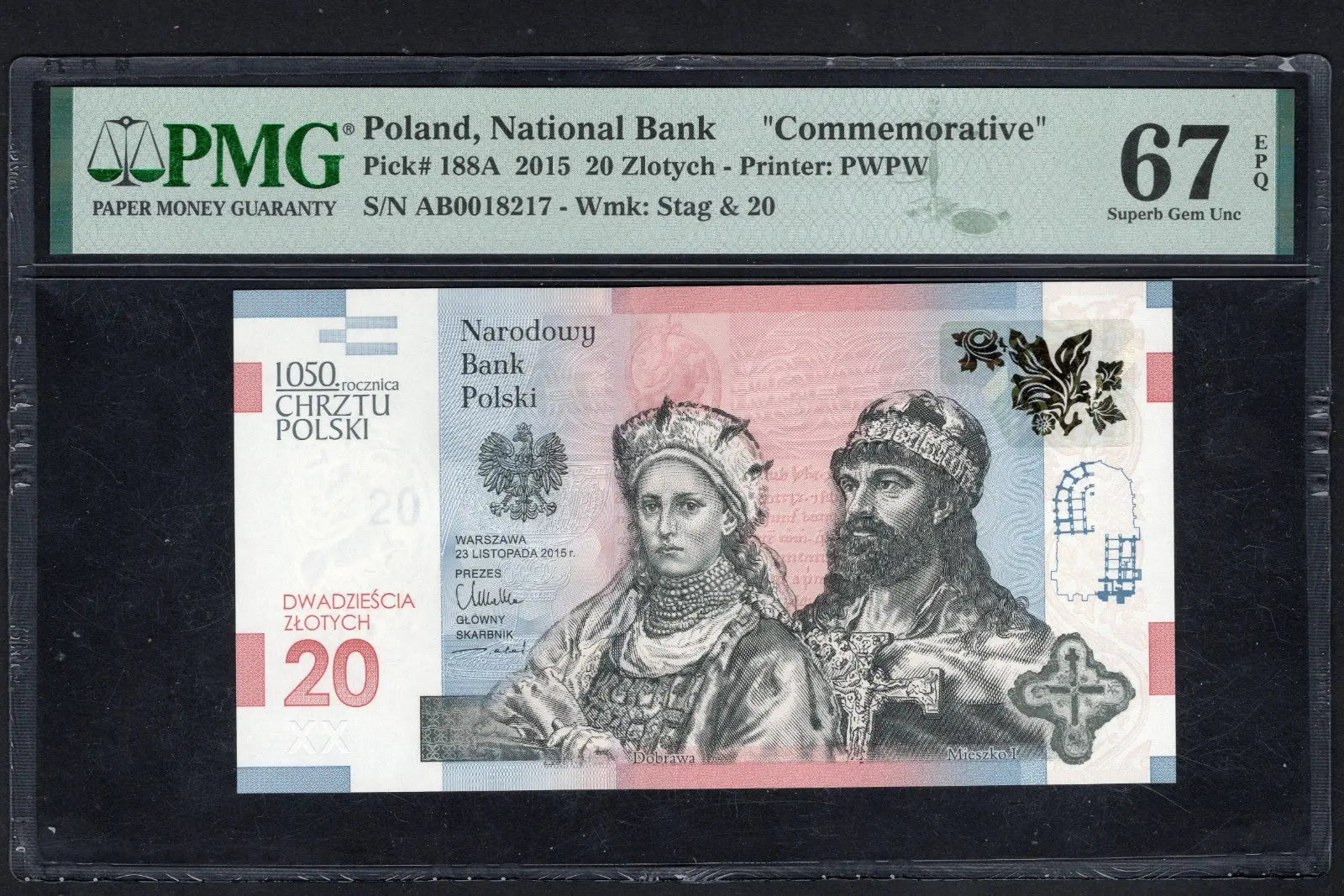front of Poland 20 zlotych 2015 P 188A Commemorative Gem UNC PMG 67 EPQ