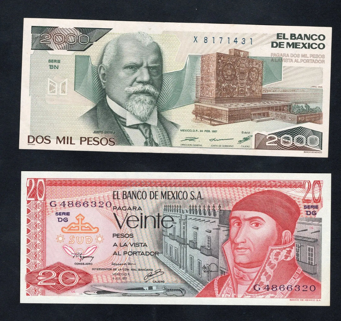 2 BANKNOTES MEXICO 20 PESOS/1977 2000PESOS/1987  UNC /D11