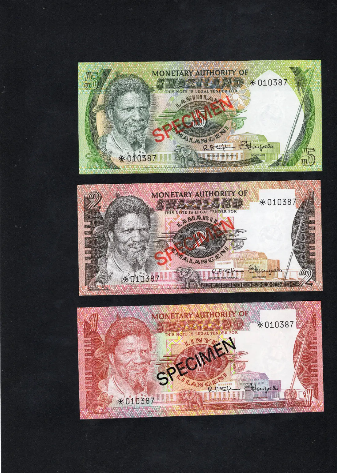 back of Swaziland COMPLETE 5 SPECIMEN SET 1974 UNC/d10