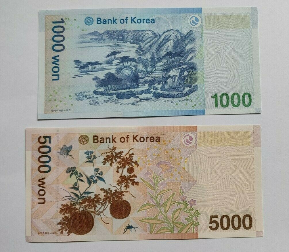 SOUTH KOREA - 1000, 5000 Won UNC Banknote