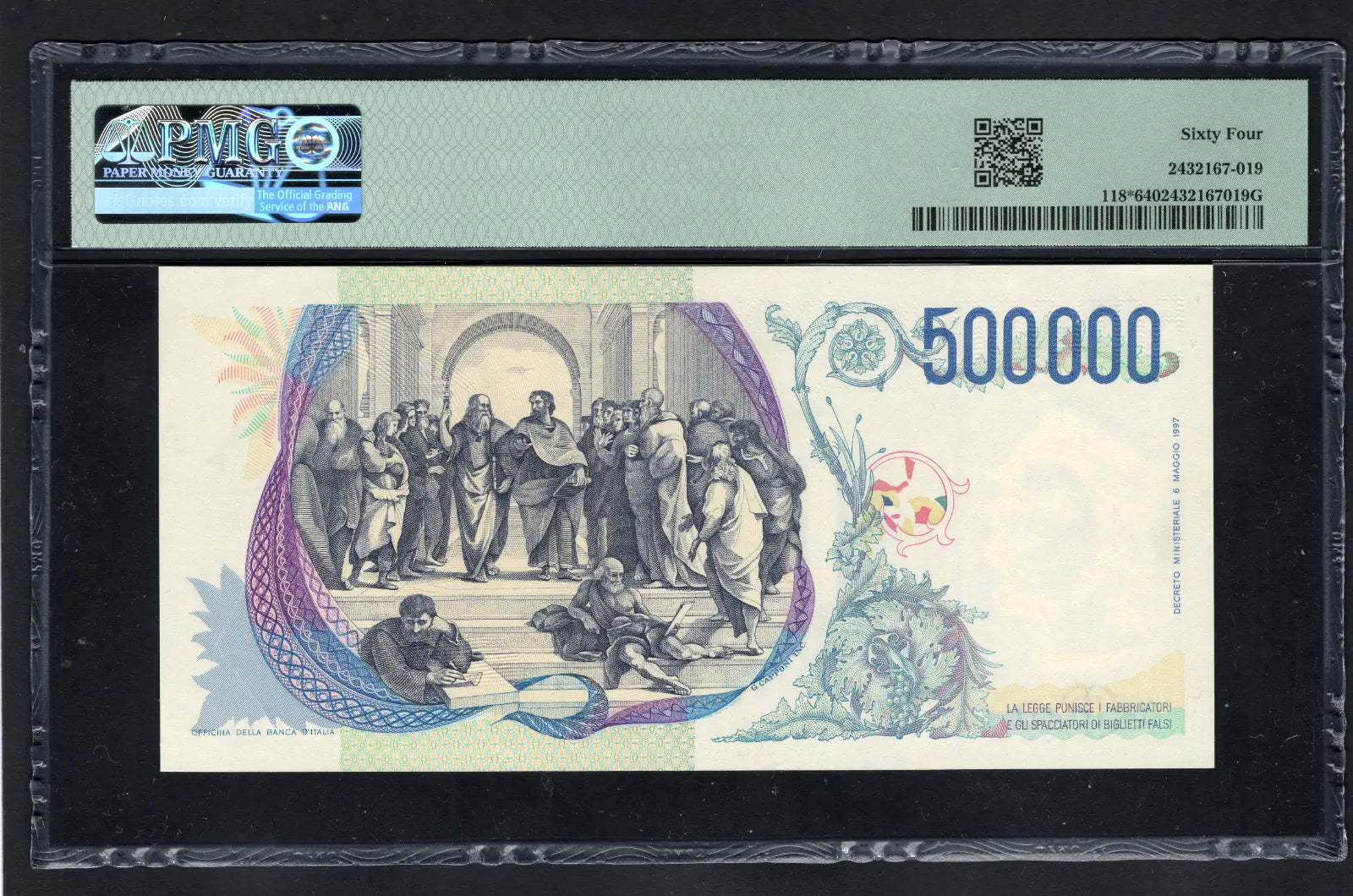back of Italy  500.000 Lire 1997 P 118 * PMG 64 Replacement