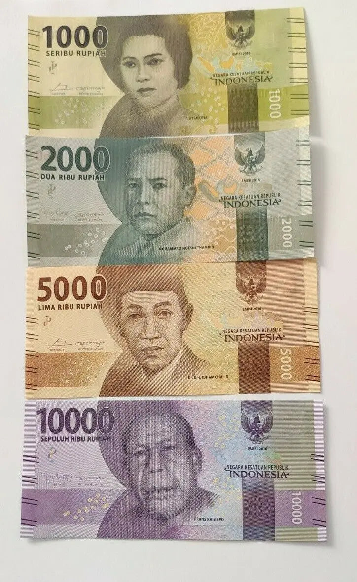 Indonesian rupiah banknotes set, denominations 1000, 2000, 5000, 10000, with notable portraits