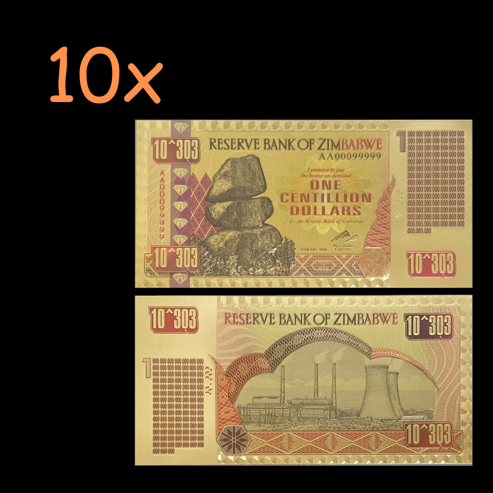 10xZimbabwe 1 Centillion Dollars 24K Gold Foil Banknote 100 Trillion Series - worldbanknote