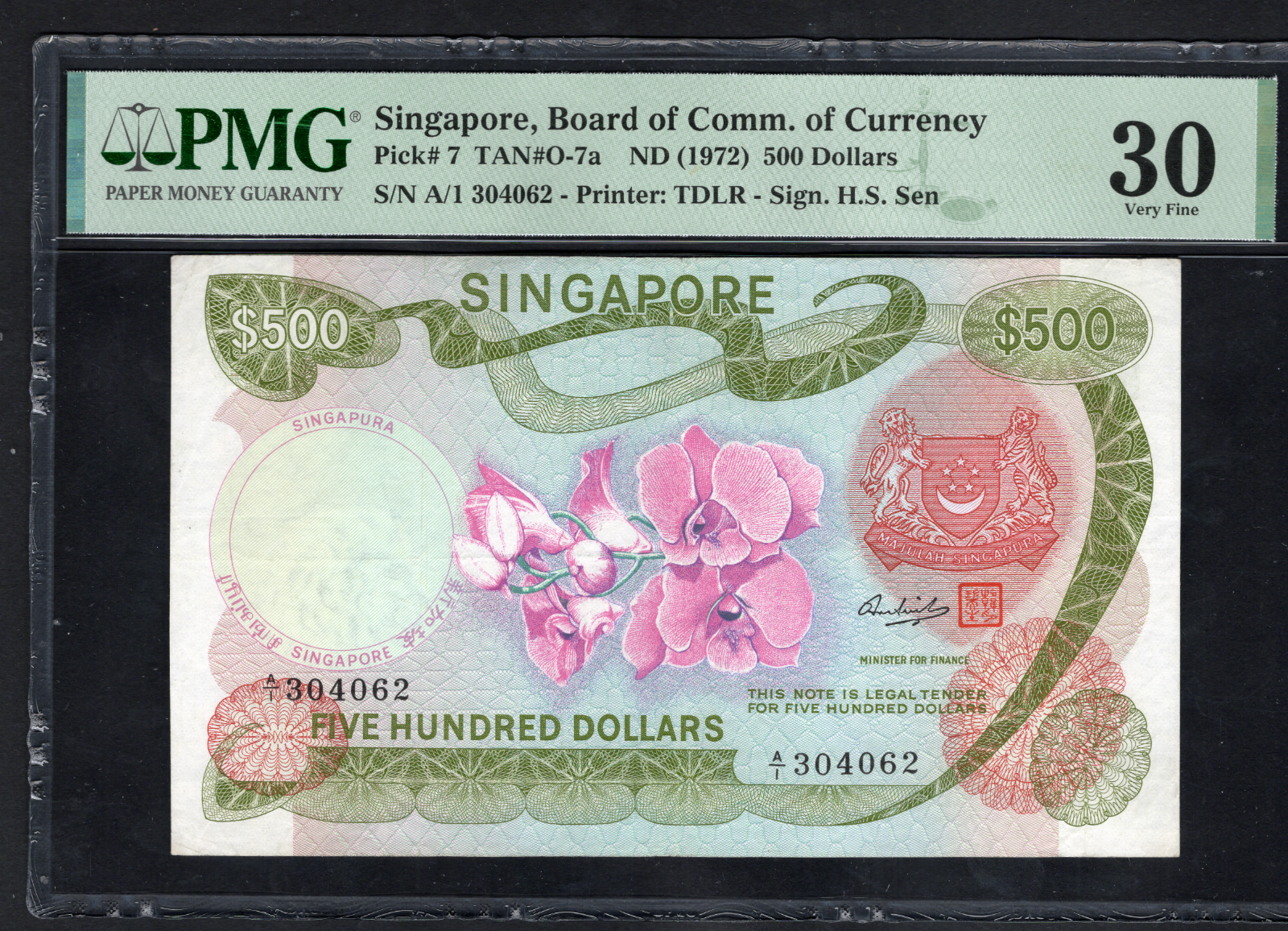Singapore $500  Dollars Pick7  1972 Banknote  PMG 30 Very  Fine