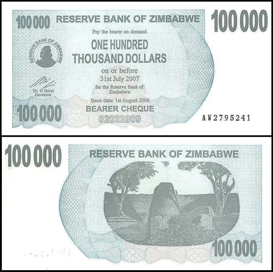 100 pcs Zimbabwe 100000 Dollars 2006 2007, UNC, 100 Pcs LOT, Consecutive, P-48b
