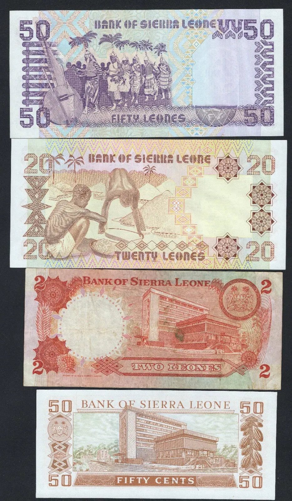 SET OF 4  SIERRA LEONE BANKNOTES  50 CENTS TO 50 LEONES VF/F10