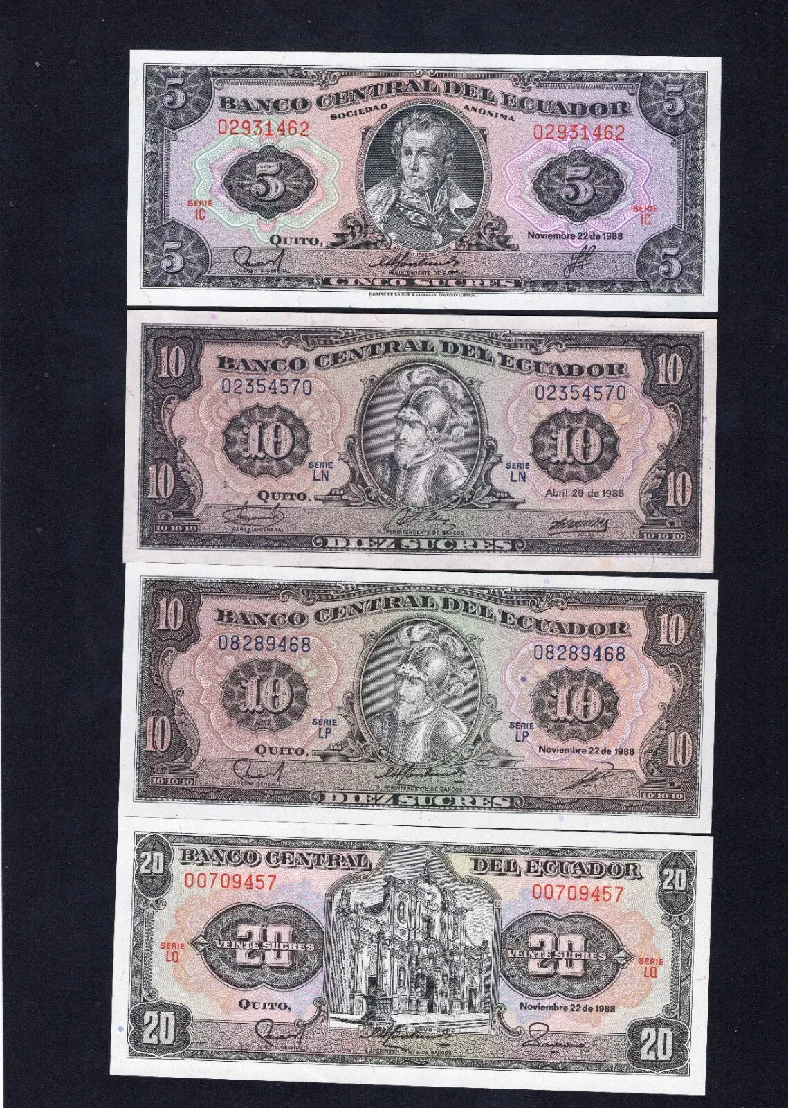 Group  of 8   Ecuador Banknotes 1986/1994 unc/c2