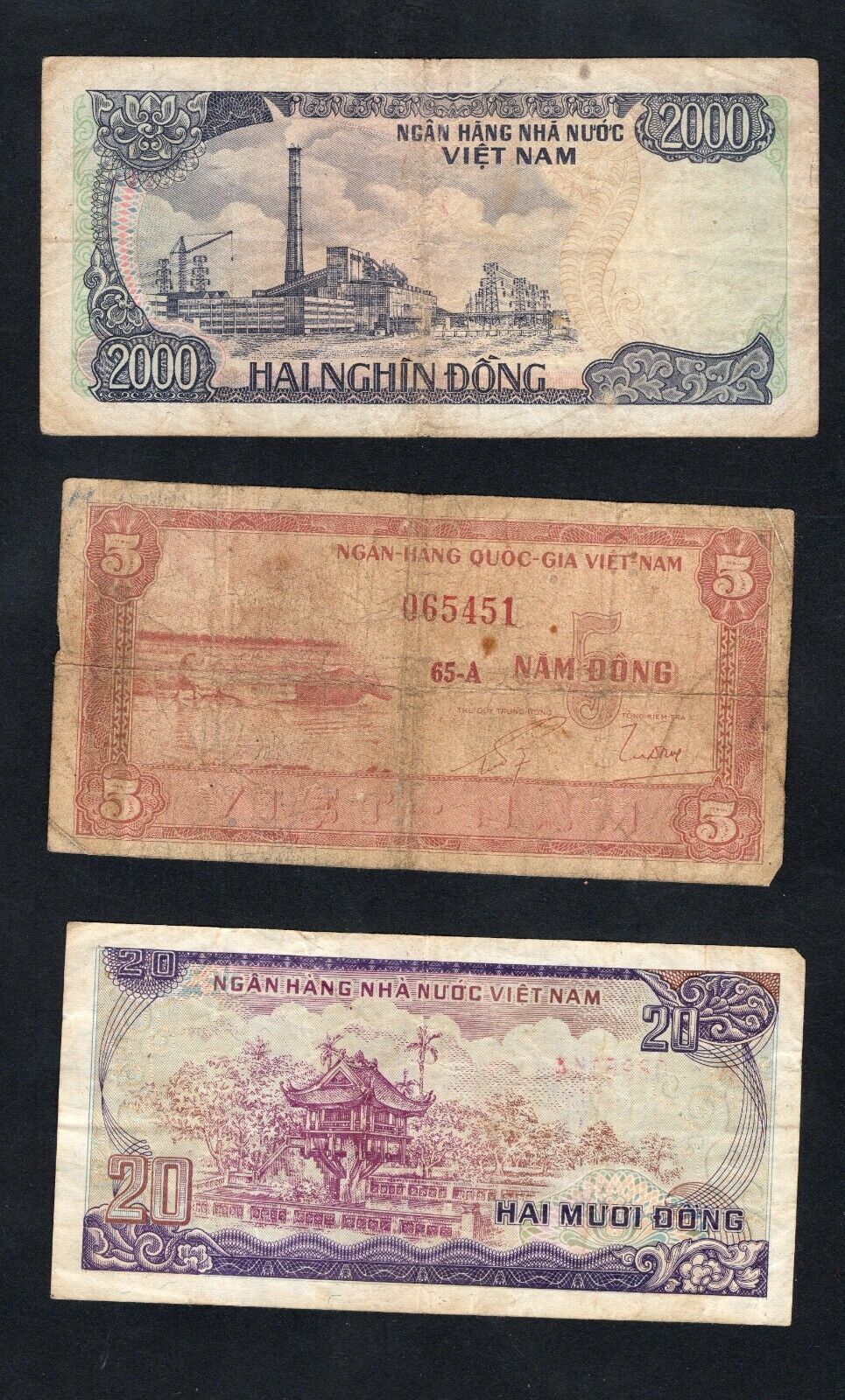 set of 3 notes:South Vietnam 5 to 2000 Dong 1985/1987 Used/ref d5 - worldbanknote