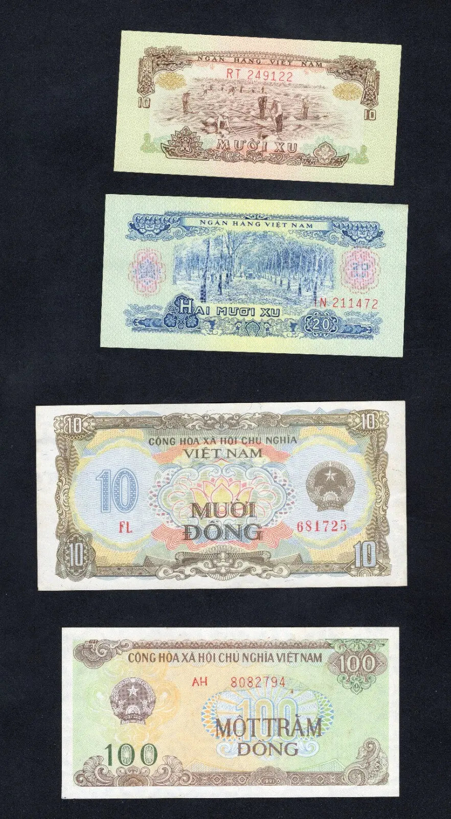 set of 4 notes:Vietnam  10. 20 xu ,10, 100 Dong 1966/1991  Used/ref d5