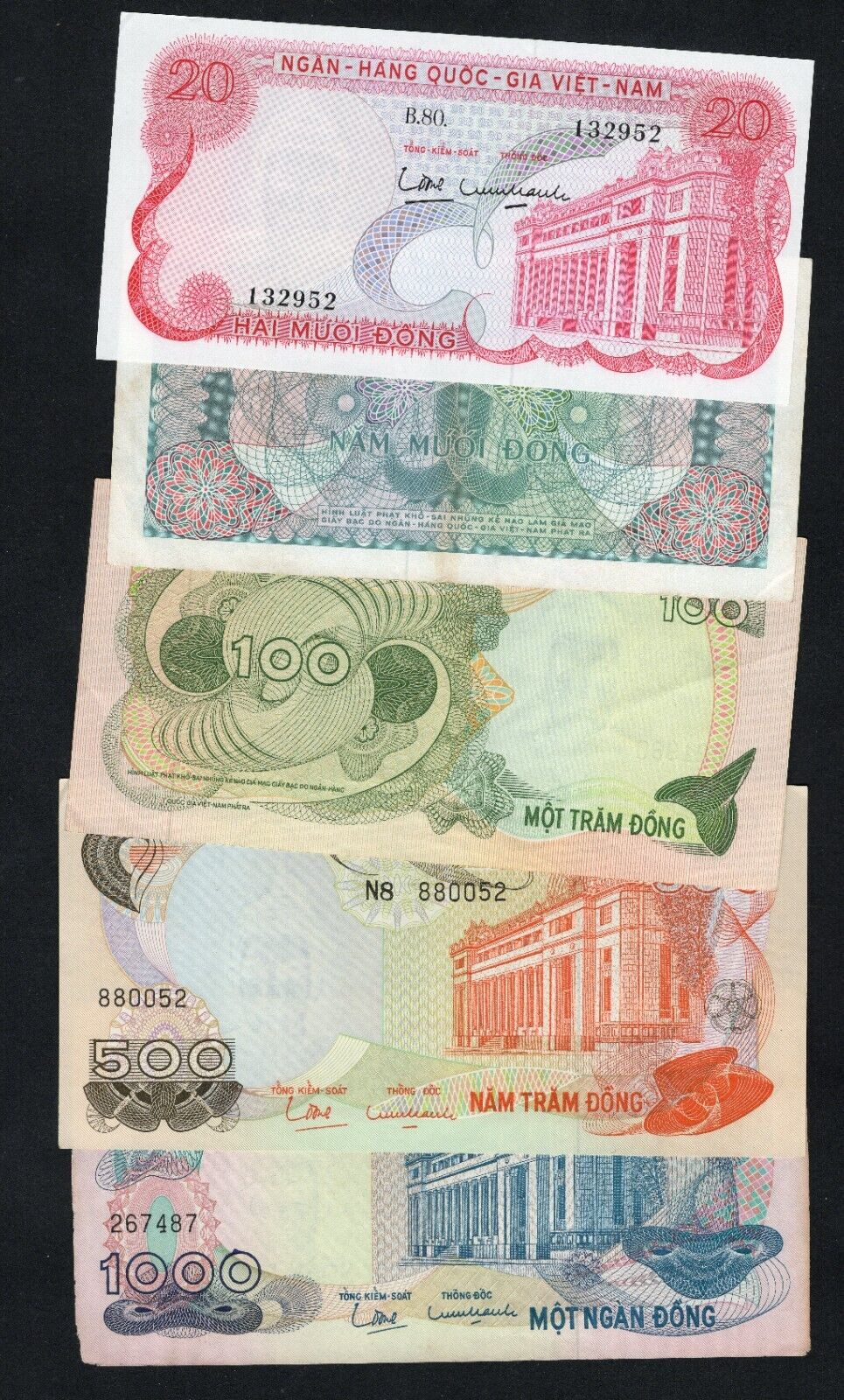 set of 5 notes:South Vietnam 20 to 1000 Dong 1970 Used/ref d5 - worldbanknote