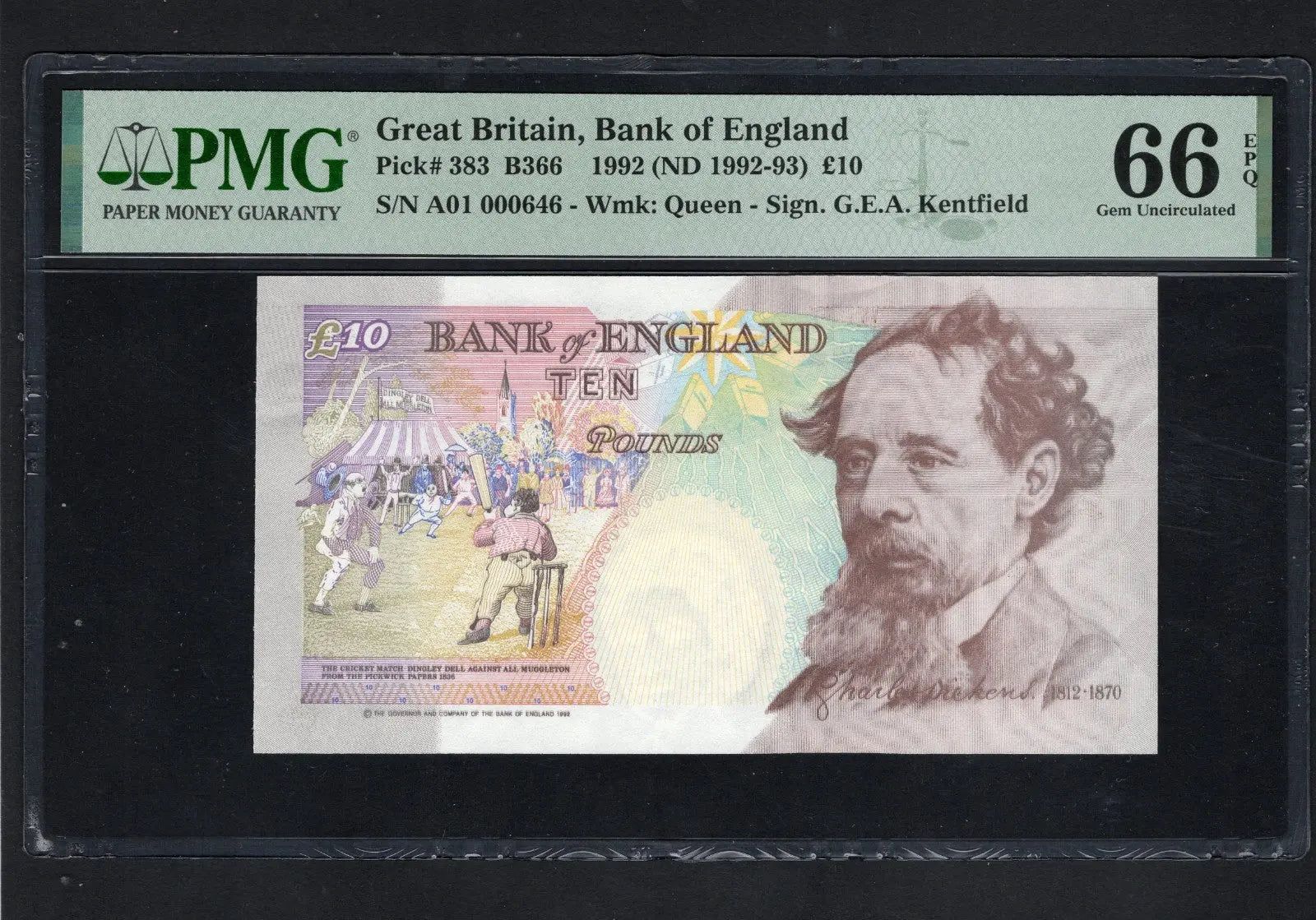 front of BANK OF ENGLAND £10 1992 FIRST RUN LOW SERIAL NUMBER PICK383 PMG EPQ66 ERROR