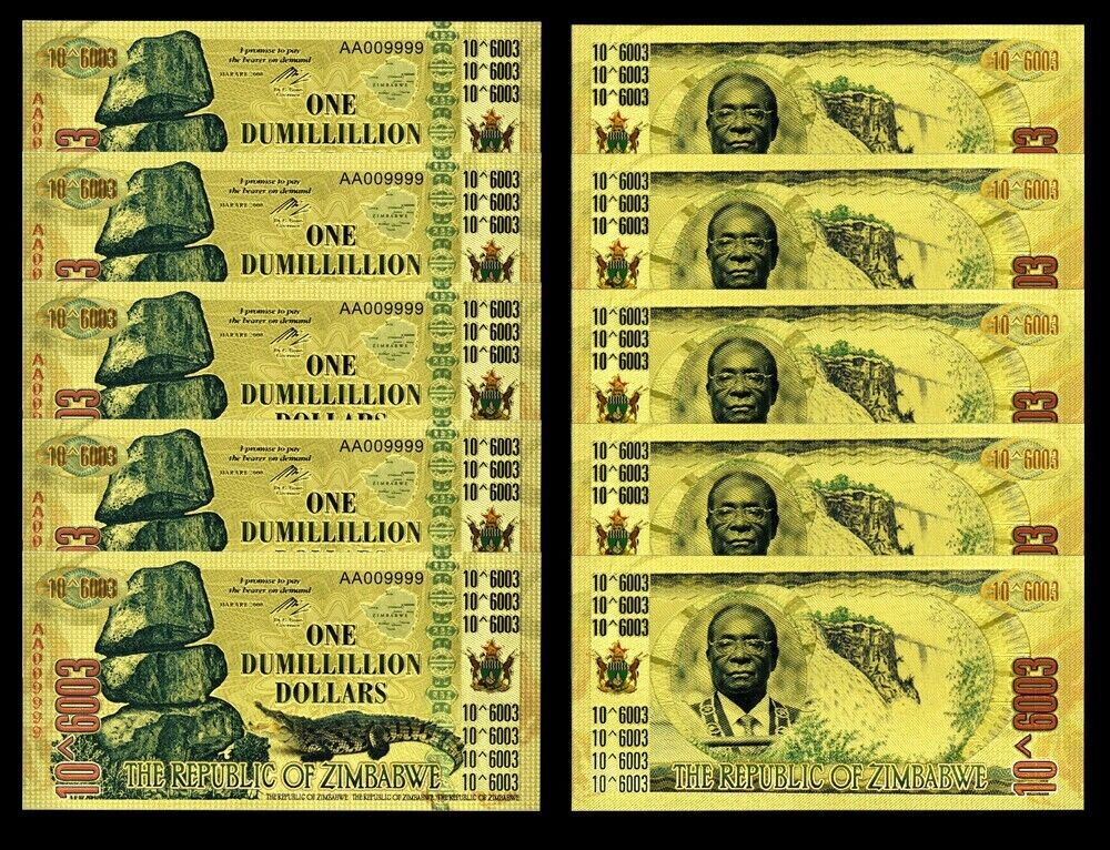 10pcs Zimbabwe Gold Foil Banknotes One Dumillillion Dollars - worldbanknote