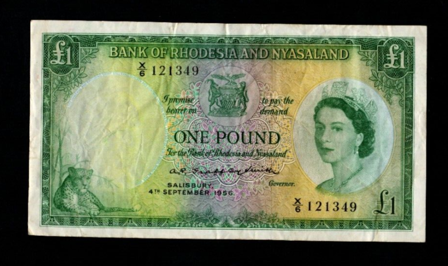 BANK OF RHODESIA AND NYASALAND RARE ONE POUND 1956 QUEEN ELIZABETH II/ref B4 - worldbanknote