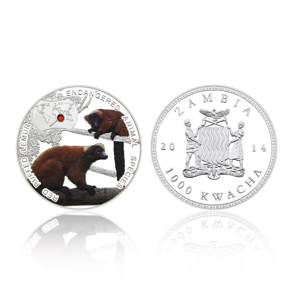 Endangered Animal Species Zambia Red Ruffed Lemur Silver Plated Coins