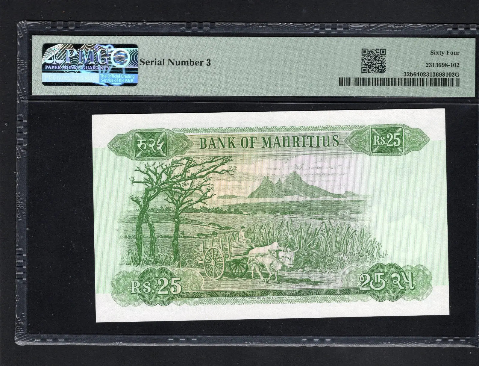 back of 1967  Bank Of Mauritius 25 Rupees  1967 Pick32b Very Low Serial Number  PMG 64