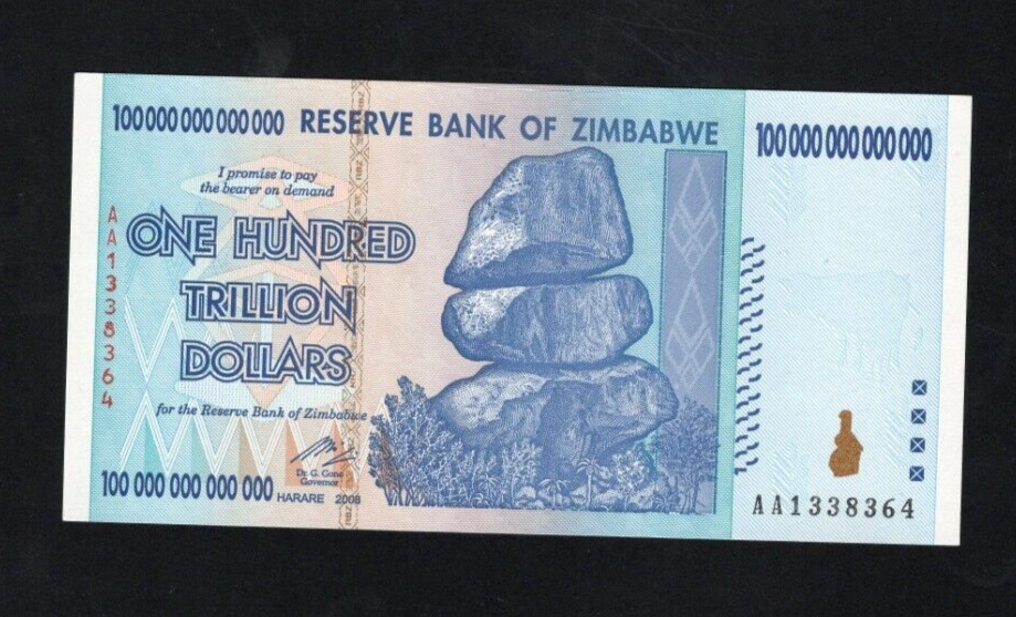 Zimbabwe 100 Trillion Dollar banknote. Genuine, AUNC AA Serial Number UV checked - worldbanknote
