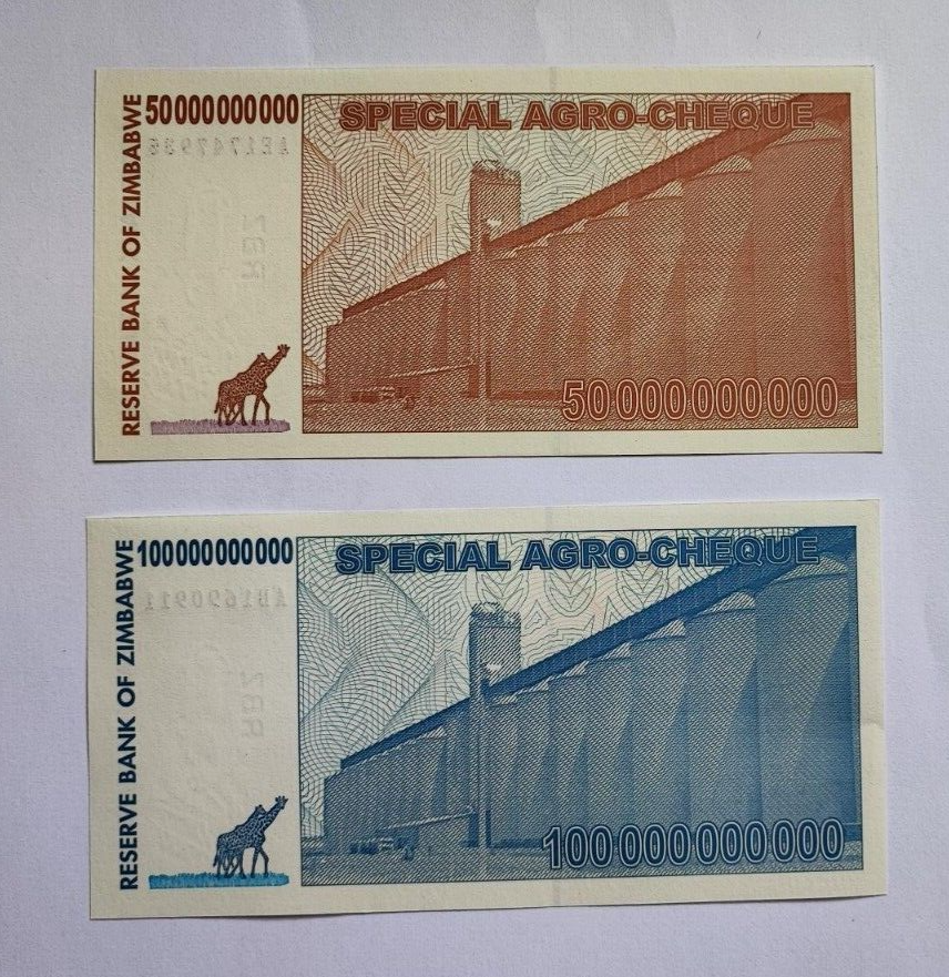 Set of 4 Zimbabwe 5 to 100 Billion Dollars Special Agro-Cheque Notea AUNC - worldbanknote