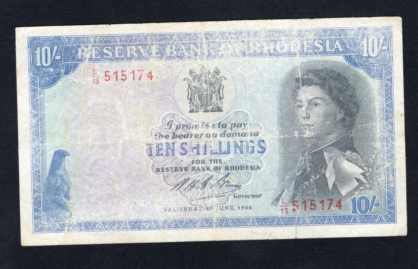 RESERVE BANK OF RHODESIA 10 SHILLING Well Used/ref d11