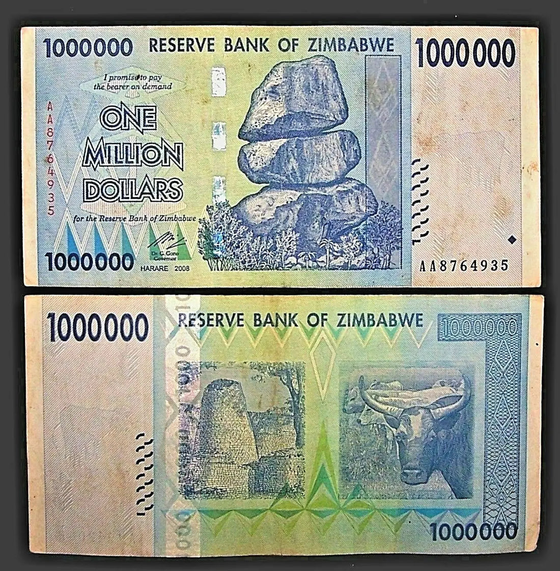 Zimbabwe 1 million dollar banknote, featuring stacked stones and cattle, collectible world currency.