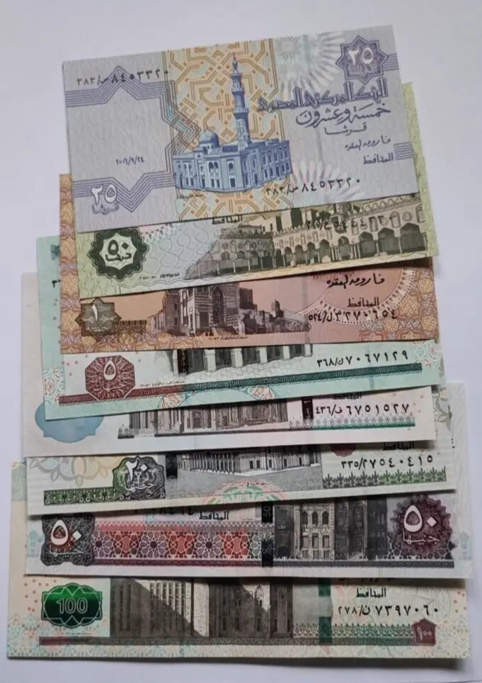 Egypt set 8 pcs25+50 piastres+1+5+10+20+50+100 pounds UNC random year