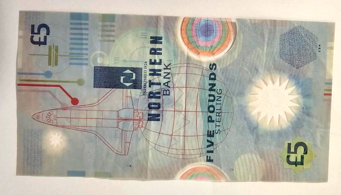 Northern Bank £5 five pound banknote plastic polymer space shuttle Used/ref d21 - worldbanknote