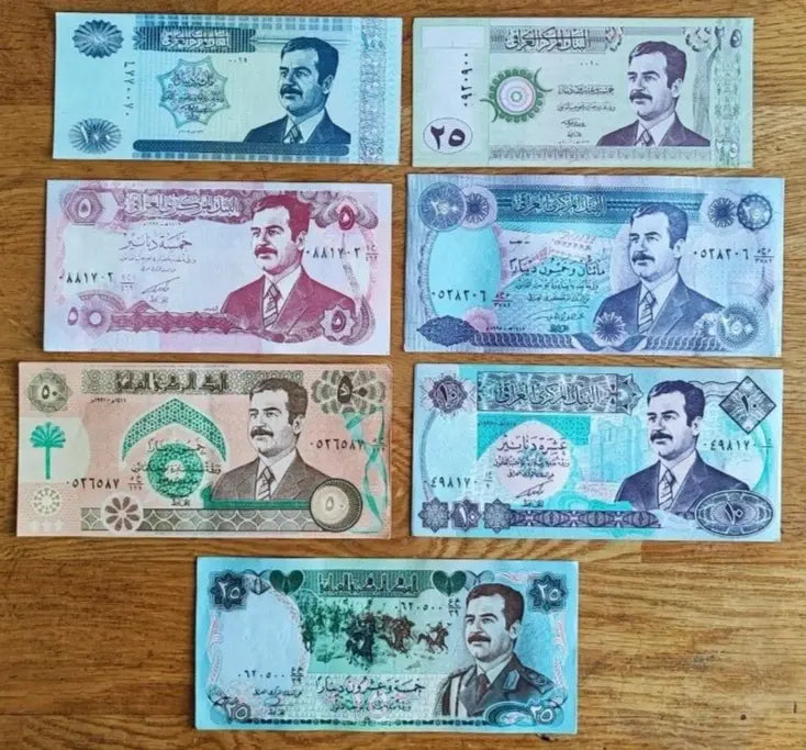 7 Saddam Iraq Dinar Notes Money - Saddam Hussein Currency Almost UNC set