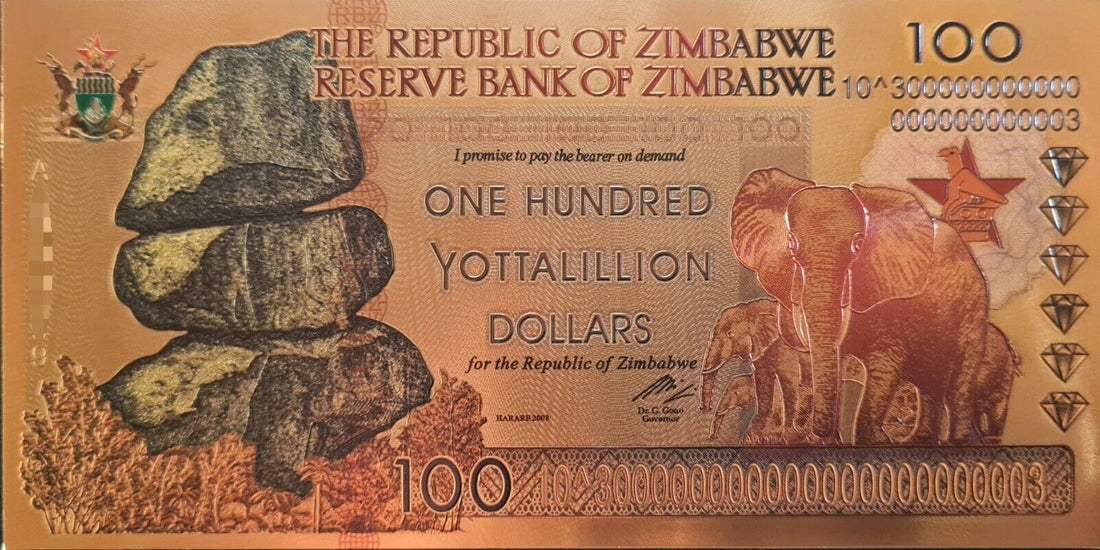 Zimbabwe 100 yottalillion Dollars Gold Foil Banknote 100 Trillion Series - worldbanknote