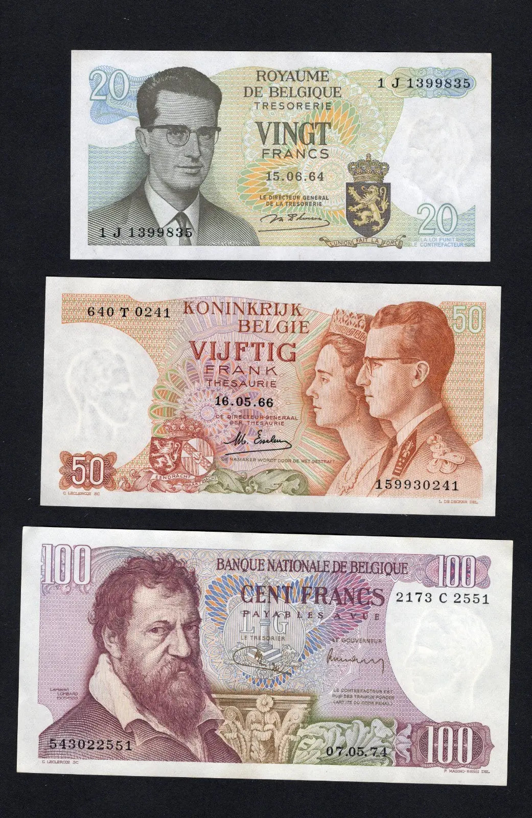 FRONT OF BELGIUM  Lot 20, 50 + 100 Francs 1964-1974 AUNC/EF/D11
